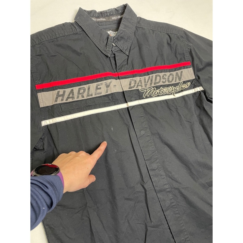 Harley-Davidson Mens Black Short Sleeve Button Up Shirt Graphic Logo Patches L - Picture 2 of 9